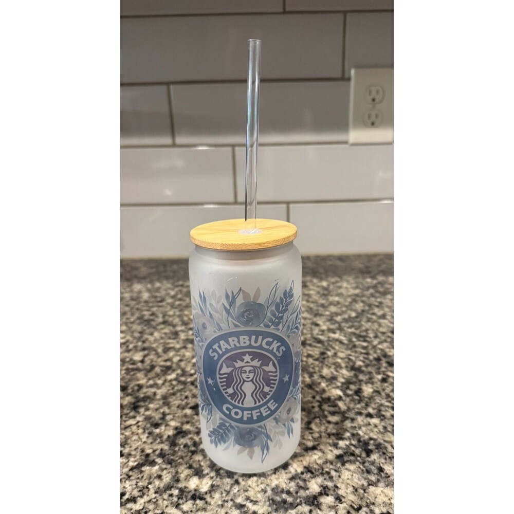 Starbucks Coffee 16oz Frosted Glass Cold Cup w/ Bamboo Lid & Straw Floral Motif